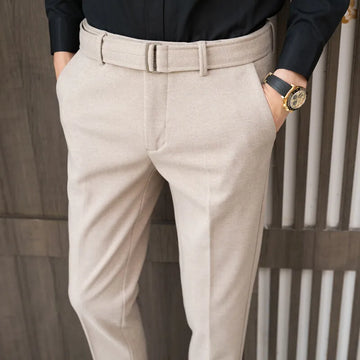 Men's Milled Pants, Autumn and Winter Thickened Solid Color Business Casual with Belt Pants