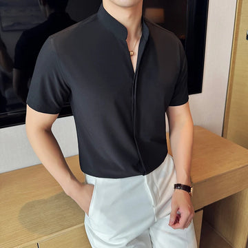 Stand Collar Short-Sleeved Shirt, Men's High-Grade White V-Collar Shirt, Drape Stretch Fashion V-neck Shirt, Business Office