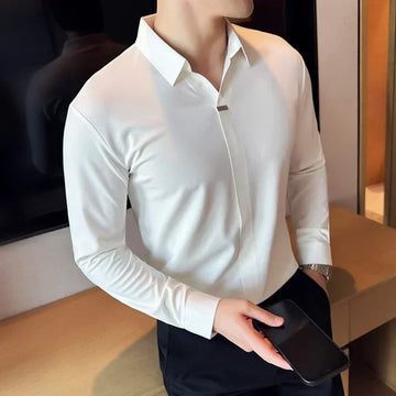Men's V-neck Long-Sleeved Polo, High-End Elasticity Traceless Lapel T-shirt, Brown Top Business Casual Stand Collar Slim Fit Top