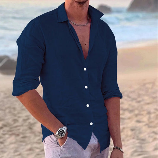 European and American fashion new men's long-sleeved shirt single-breasted lapel cotton and linen shirt men's fashion tops
