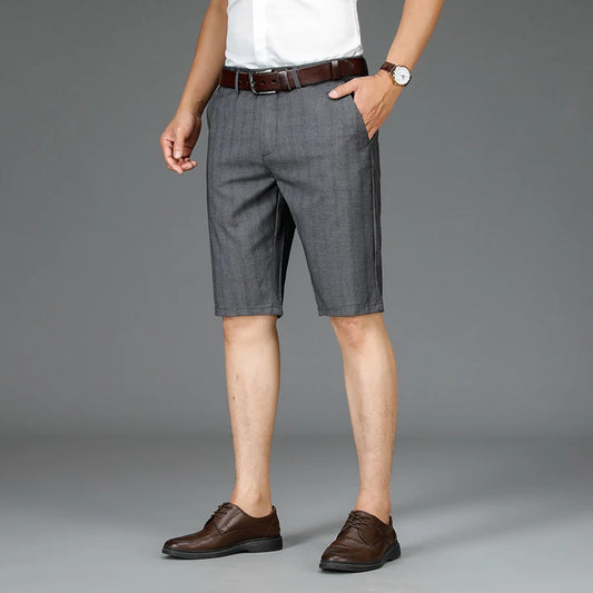 Summer Thin Men's Suit Shorts, Fashionable Vertical Striped Business Knee-length Pants, Loose Casual Dark Gray Mid-pants