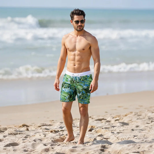 Modishion Summer Beach Shorts Drawstring Swim Trunks Men's Printed Swim Trunks with Pockets Quick Dry Beach Shorts