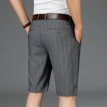 Summer Thin Men's Suit Shorts, Fashionable Vertical Striped Business Knee-length Pants, Loose Casual Dark Gray Mid-pants