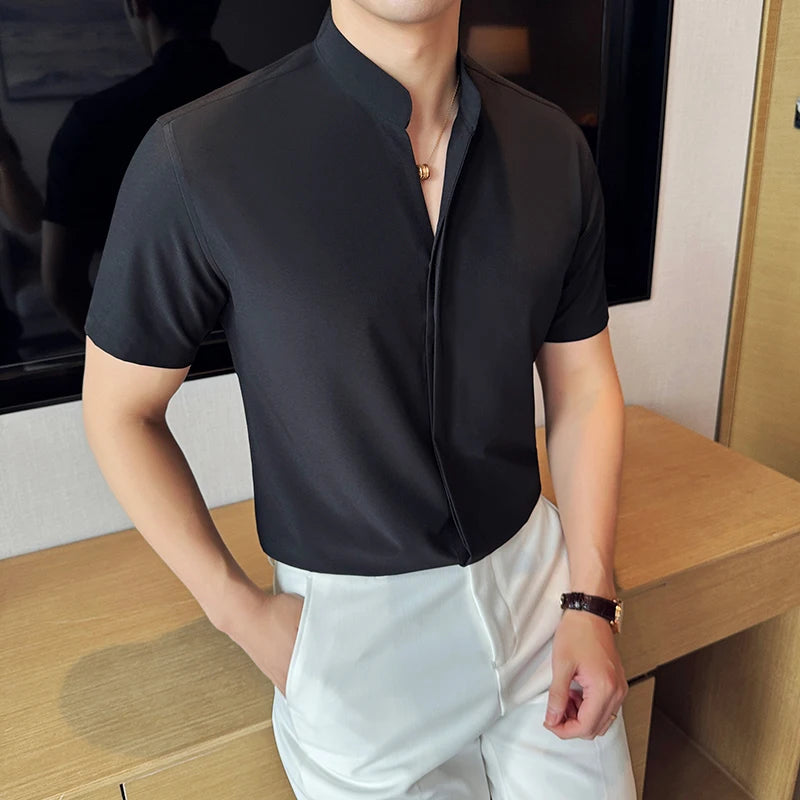 Stand Collar Short-Sleeved Shirt, Men's High-Grade White V-Collar Shirt, Drape Stretch Fashion V-neck Shirt, Business Office