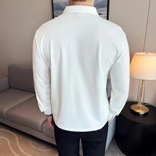 Men's V-neck Long-Sleeved Polo, High-End Elasticity Traceless Lapel T-shirt, Brown Top Business Casual Stand Collar Slim Fit Top