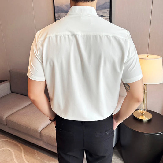 Stand Collar Short-Sleeved Shirt, Men's High-Grade White V-Collar Shirt, Drape Stretch Fashion V-neck Shirt, Business Office